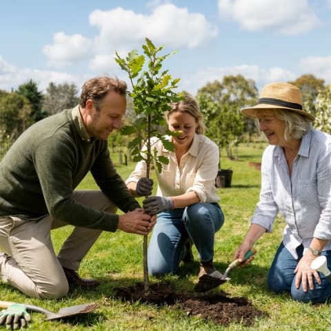 Three family members kneeling together to plant a young tree at Mornington Green.