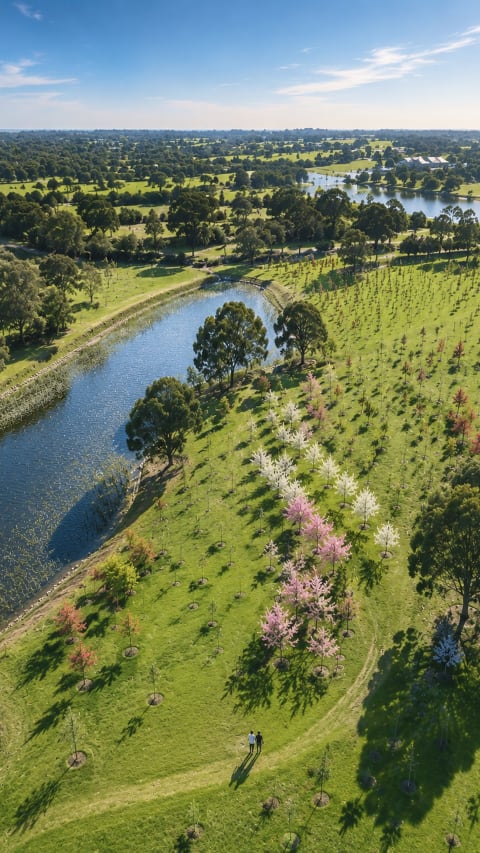 Aerial view across the Mornington Green memorial gardens, with rows of flowering trees beside a curving river.