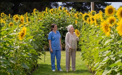 A nurse and elderly woman standing among tall sunflowers in the Mornington Green garden.