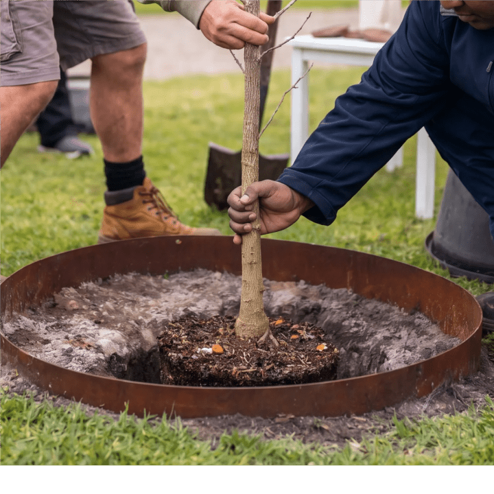 Two Mornington Green team members planting a memorial tree into a prepared bed.