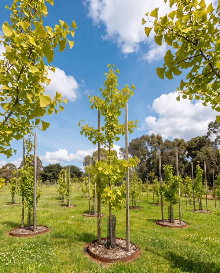 Young memorial trees growing in the Mornington Green garden