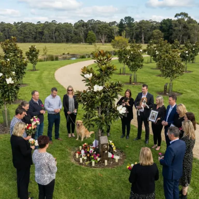 Family gathered around a memorial tree at Mornington Green.