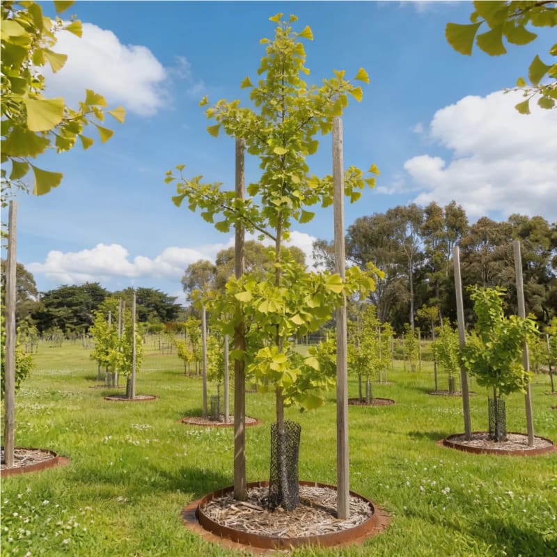 A young memorial tree newly planted and staked in the Mornington Green Living Legacy Gardens.
