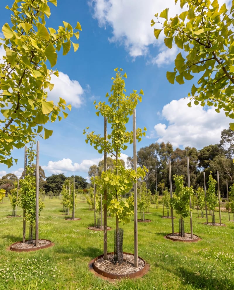Young memorial trees growing in the Mornington Green garden