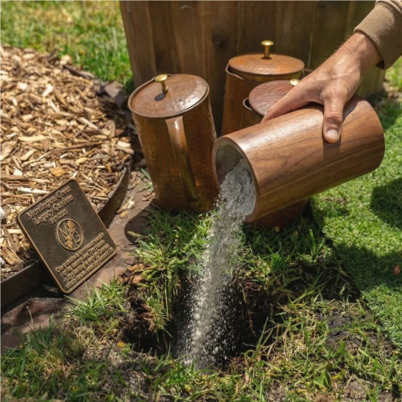 Cremated ashes being poured into the ground beside a Mornington Green Legacy Gardens plaque.