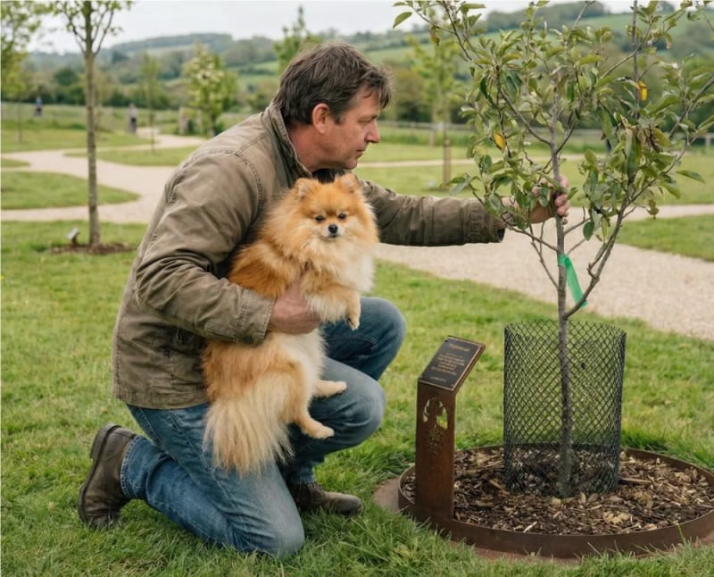 A man holding his Pomeranian beside a young individual memorial tree at Mornington Green.