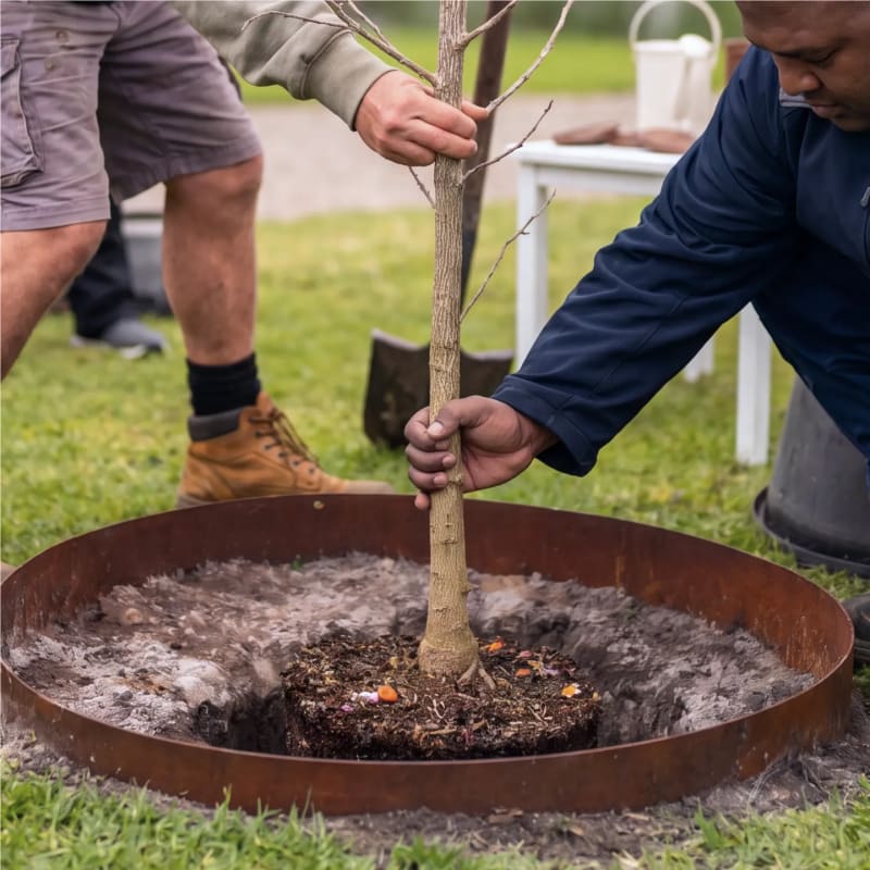 The Mornington Green horticulture team tending a memorial tree.
