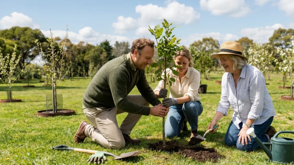 A family planting a memorial tree together at Mornington Green