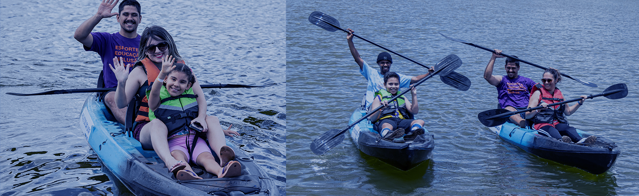 Praticante de canoagem inclusiva no lago do UNA Parque em Brasília