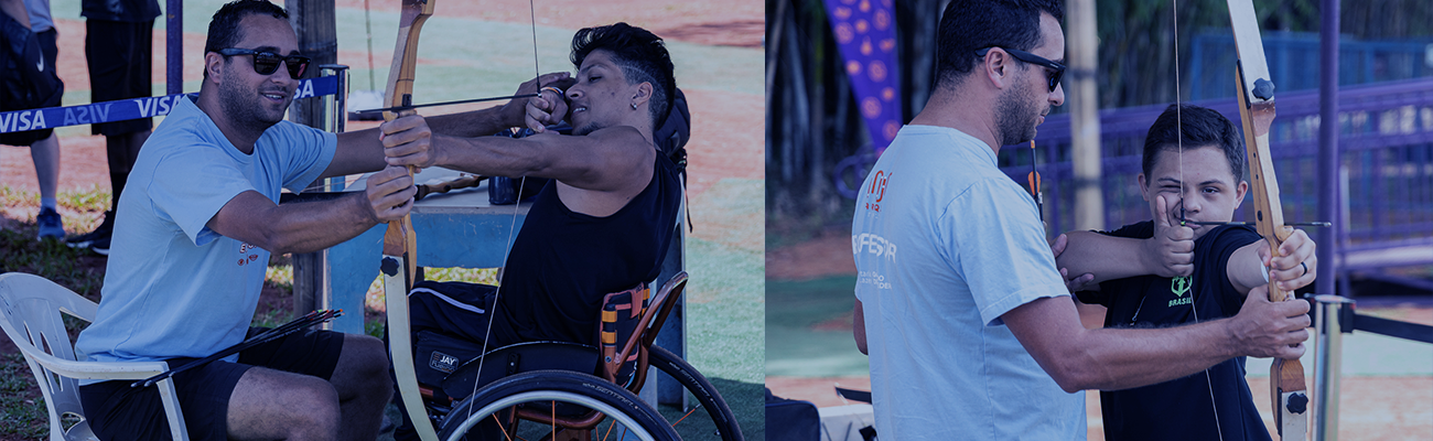 Atleta praticando tiro com arco adaptado no UNA Parque em Brasília