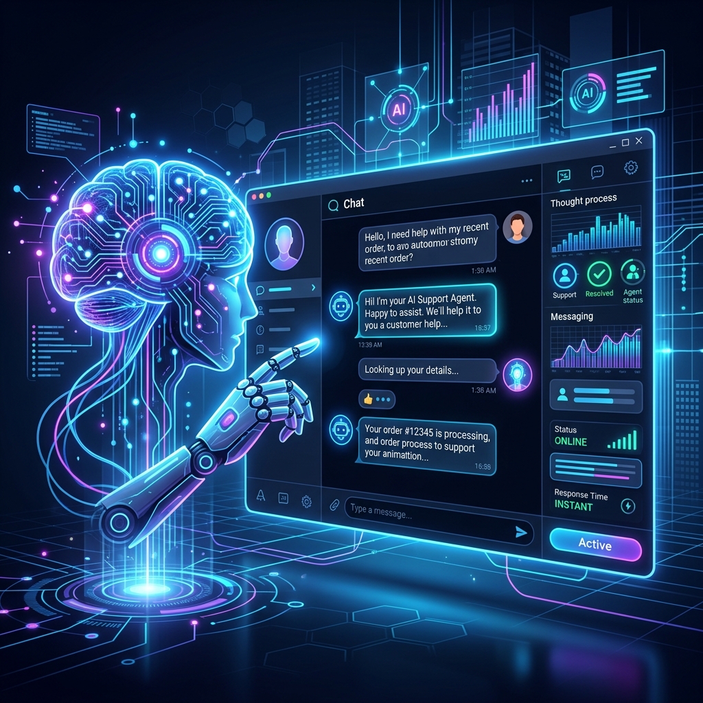 Ilustração tecnológica de um cérebro de IA processando dados em uma interface de chat