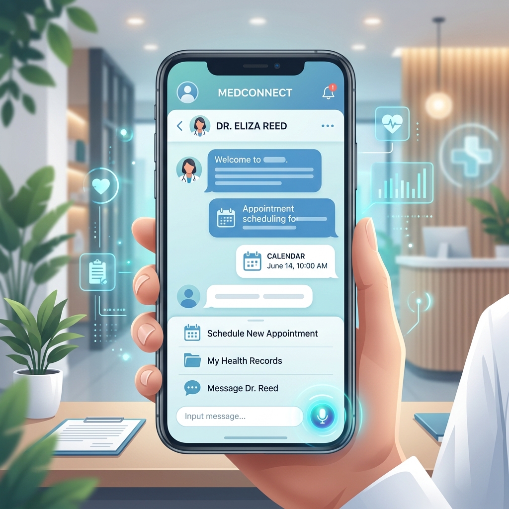 Smartphone exibindo um aplicativo de agendamento médico com inteligência artificial
