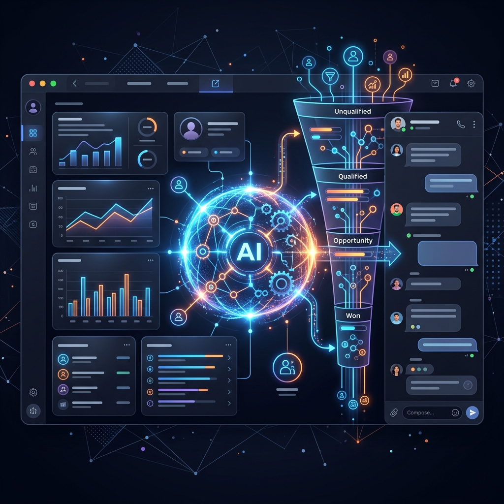 Painel futurista mostrando IA qualificando leads em um funil de vendas