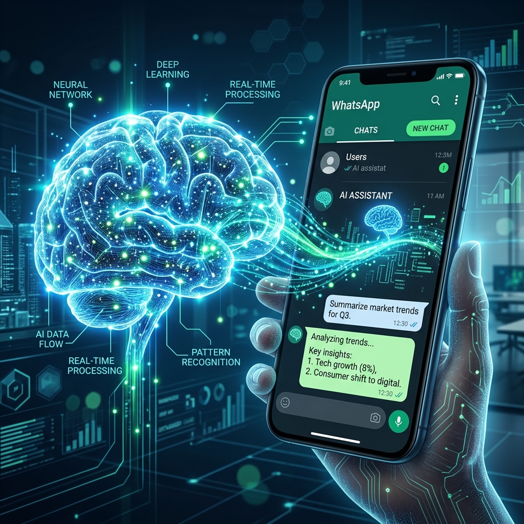 Ilustração tecnológica de um cérebro de inteligência artificial conectado a uma interface de chat