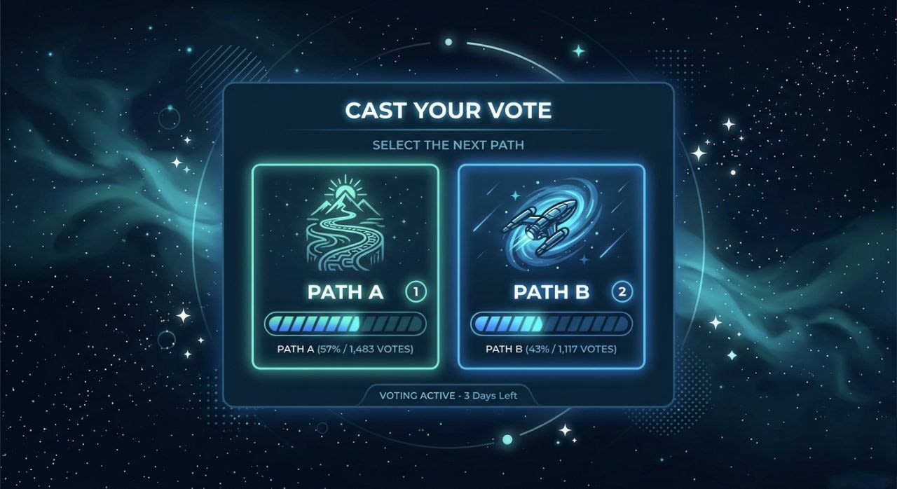 A digital voting poll with two story path options and reader vote counts, illustrating structured choice mechanics in interactive fiction.