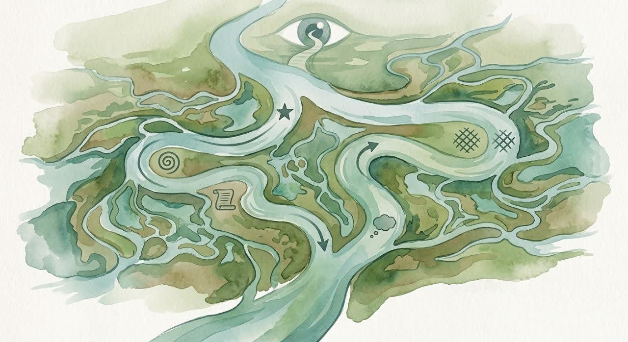 An aerial view of a river delta splitting into two channels and merging back together, representing the funnel method of plot branching in interactive stories.