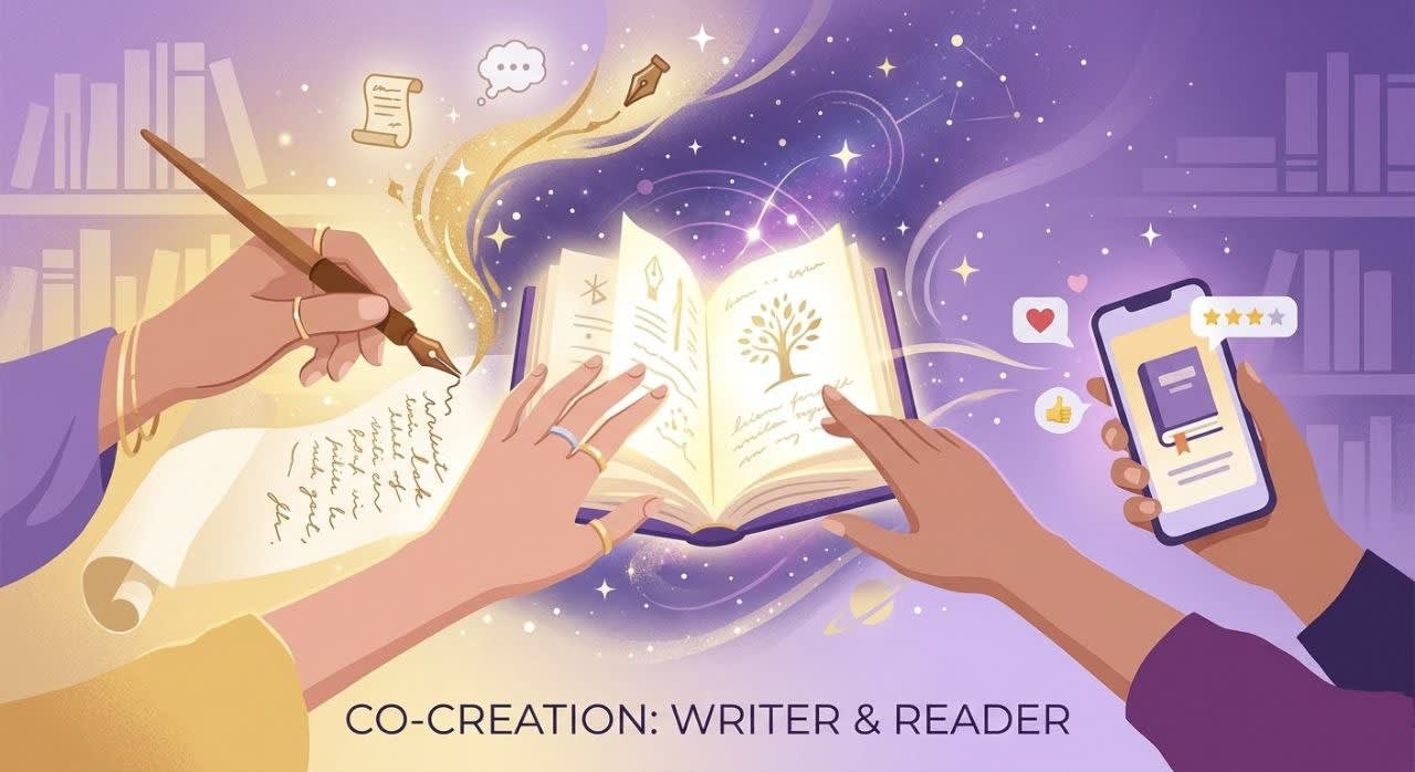 Two hands — one writing, one on a phone — reaching toward an open glowing book, symbolizing the co-creative bond between webnovel authors and their readers.