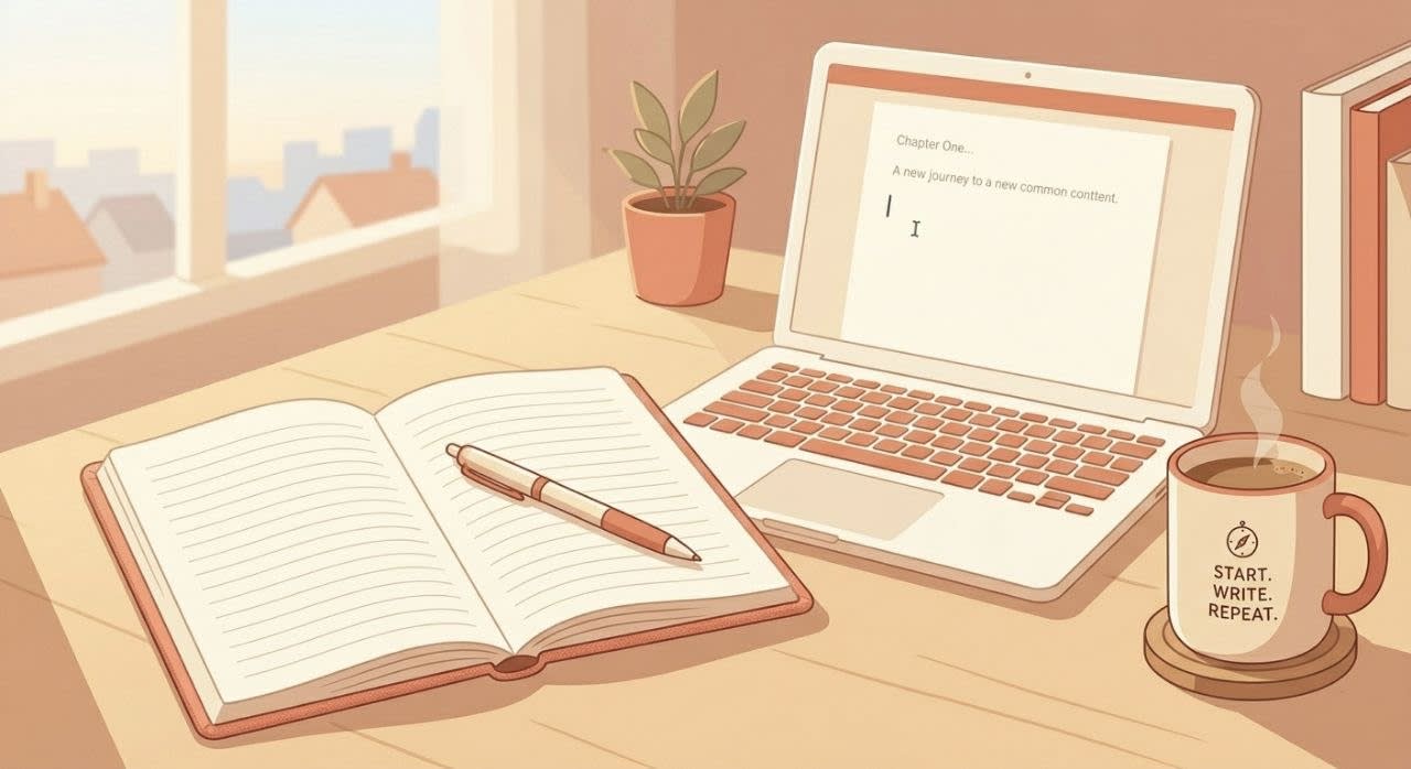 A blank notebook and laptop with a blinking cursor, representing the start of a new interactive webnovel project.