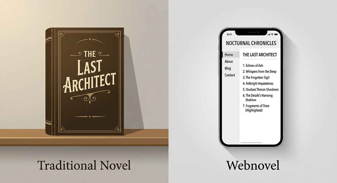 Side-by-side illustration comparing a traditional hardcover novel on the left and a smartphone showing a serialized webnovel chapter feed on the right