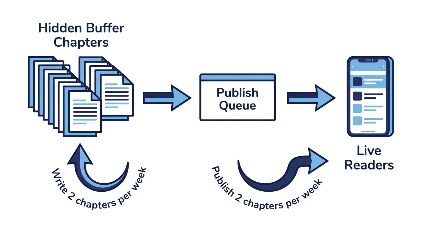 Infographic showing the webnovel buffer strategy: hidden chapters flowing into a publish queue, with arrows showing the weekly write and release cycle