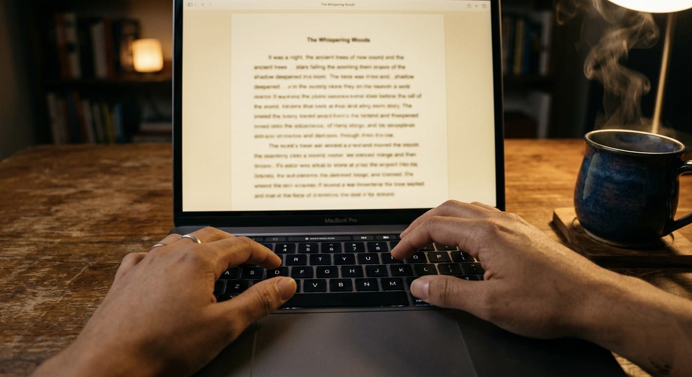 Close-up of hands typing the opening lines of a webnovel chapter on a laptop keyboard, with warm ambient lighting