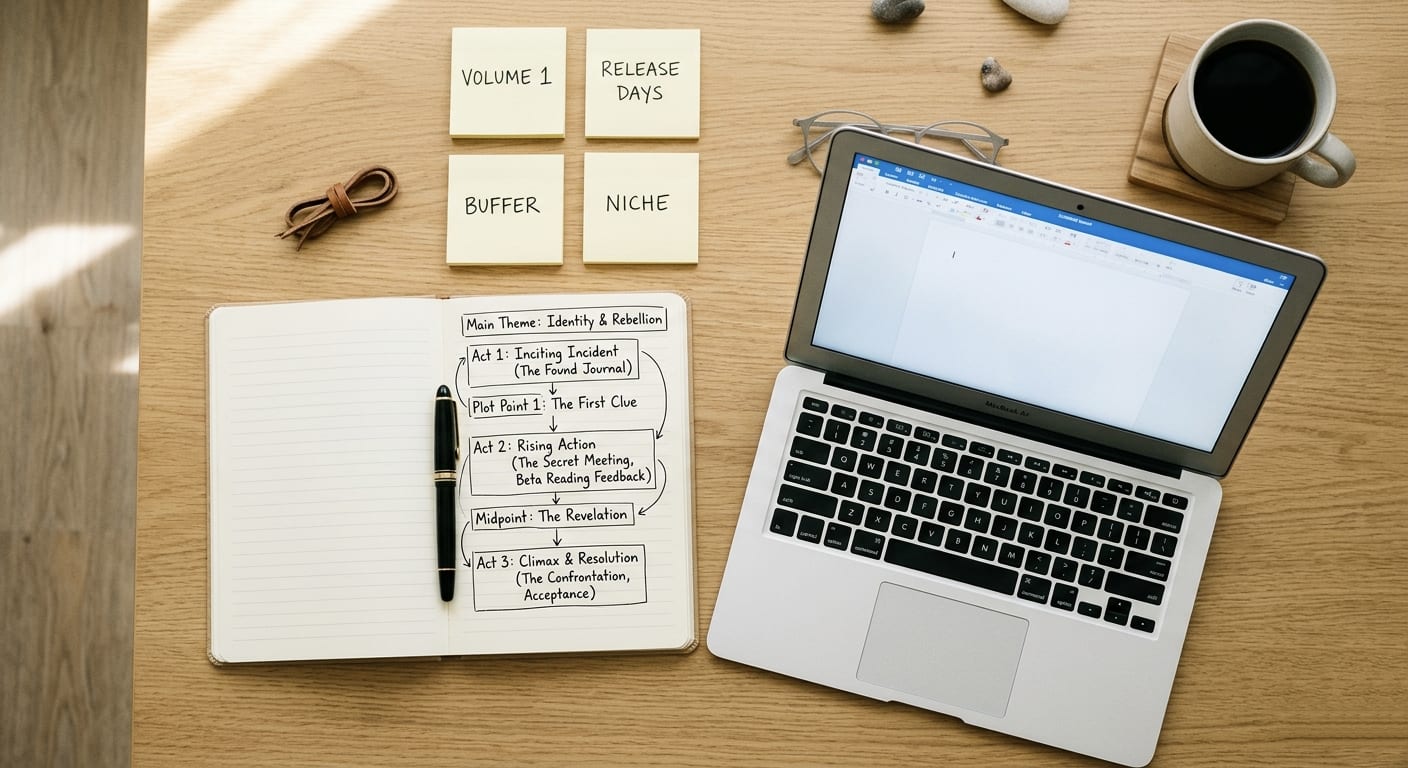Aerial flat-lay view of a writer's desk with a story outline notebook, sticky notes showing chapter planning, a laptop, and a cup of coffee