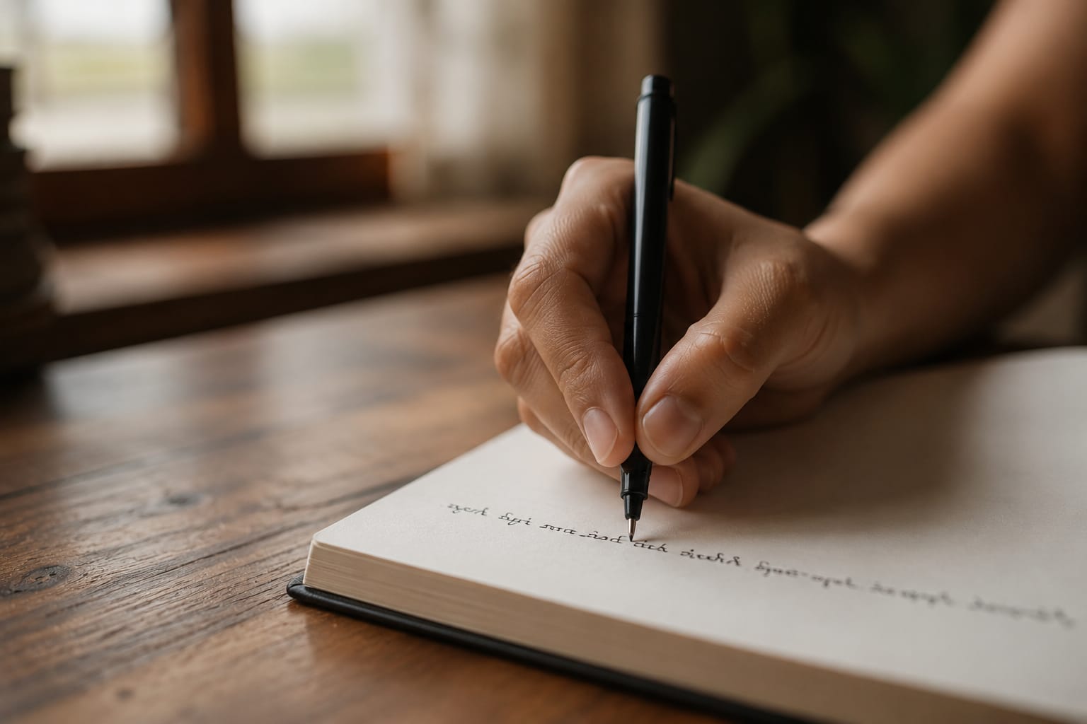 a hand writing on the book with pen in hand