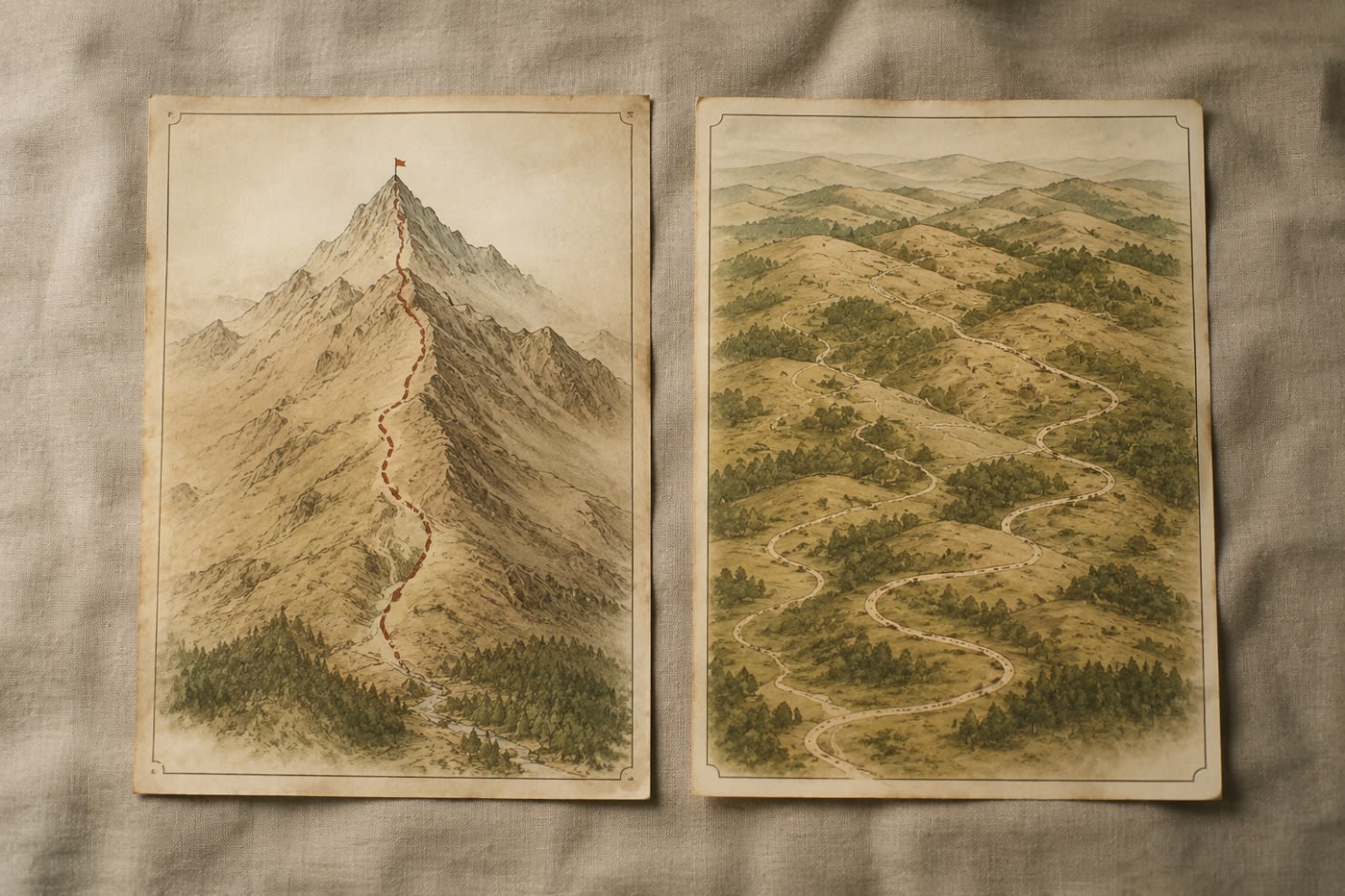Two map routes side by side illustrating the difference between traditional novel plotting and serialized fiction structure
