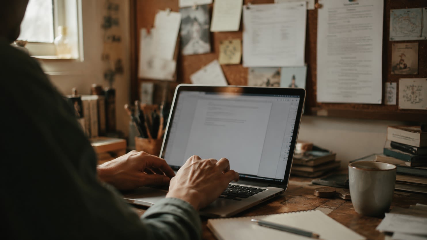 Writer&amp;amp;amp;amp;#39;s hands on a laptop with a chapter outline pinned to a corkboard in the background
