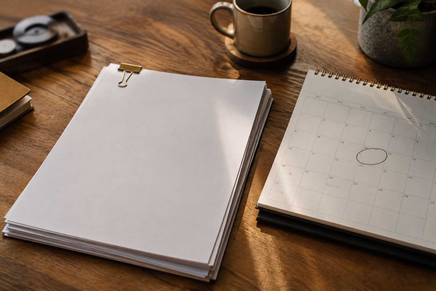 Stack of pre-written manuscript pages beside a calendar showing a planned serialized fiction launch date