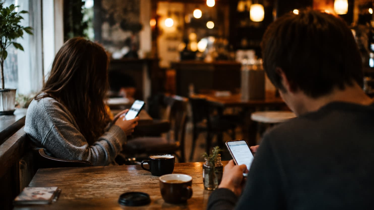Two readers enjoying online serialized fiction on their smartphones in a café