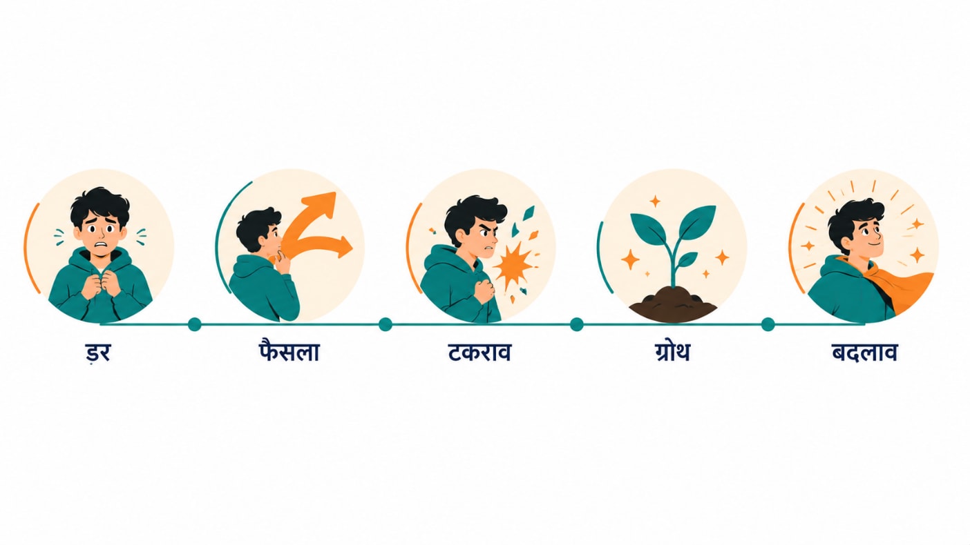चैप्टर टाइमलाइन पर कैरेक्टर ग्रोथ पॉइंट्स दिखाता सिंपल इन्फोग्राफिक