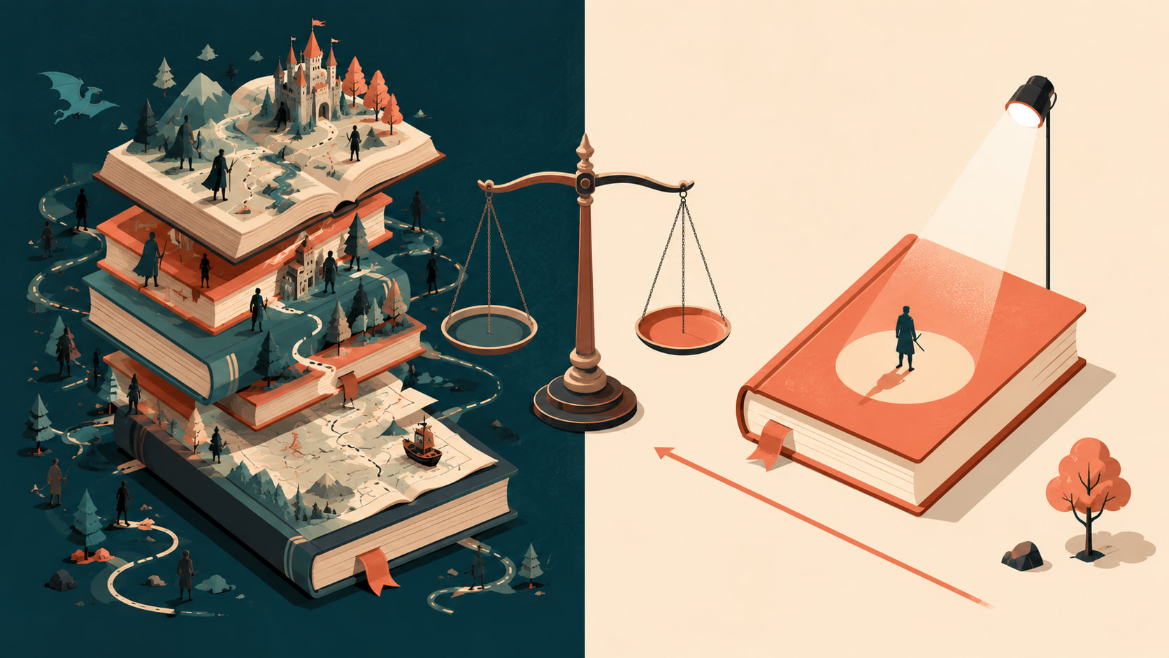 Editorial illustration comparing a novel and a short story, showing a thick multi-chapter novel beside a focused short story book to represent differences in length, complexity, structure, and storytelling style.