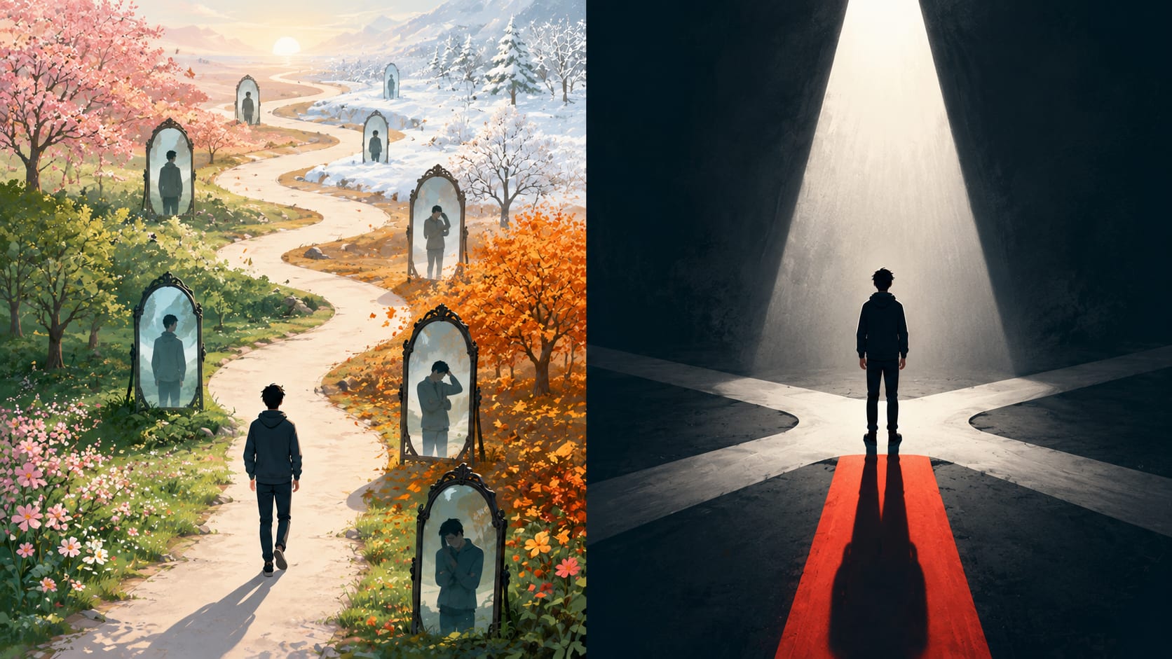 Split illustration comparing character development in a novel and a short story, showing a long transformational journey versus a single defining moment in a character's life.