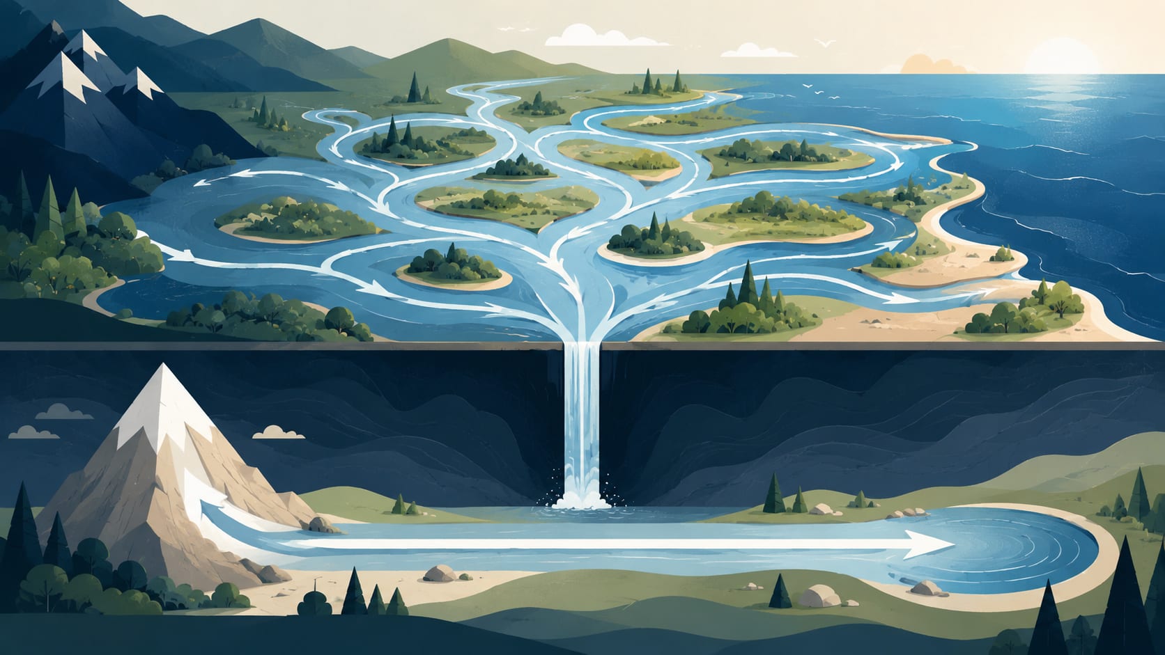 Editorial illustration comparing story structure in a novel and a short story, with branching narrative paths representing subplots and a single focused storyline representing concise storytelling.
