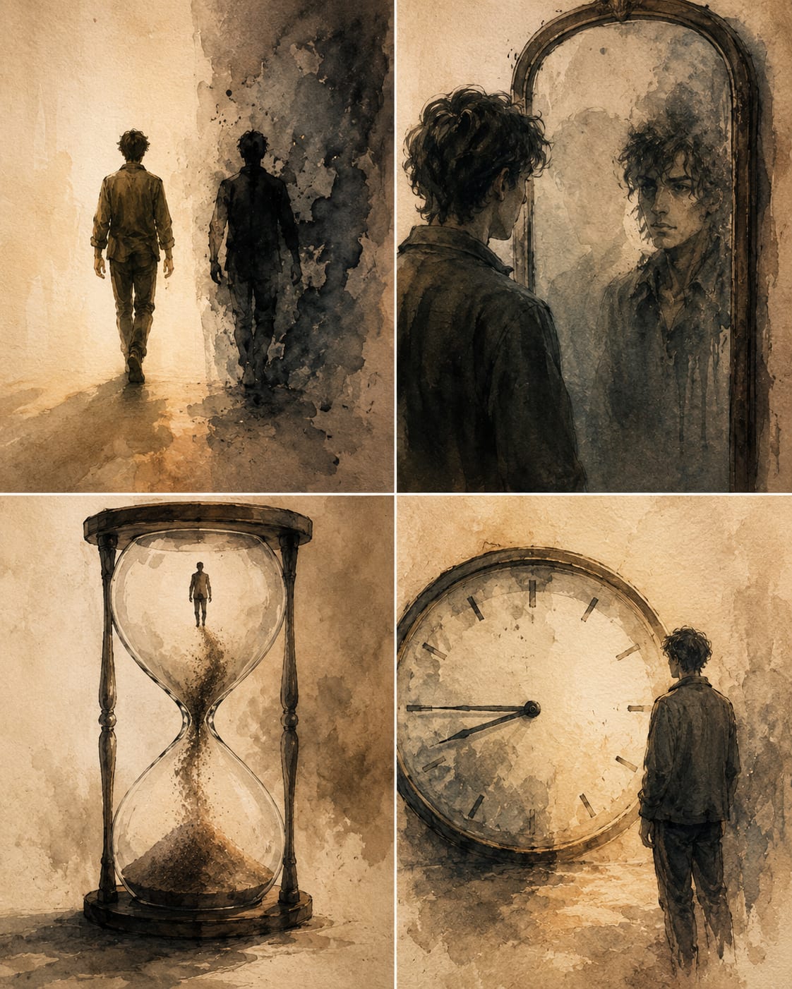 Four-panel ink-style illustration symbolizing reincarnation, transmigration, regression, and rebirth through imagery of changing silhouettes, mirrors, and hourglasses rather than literal data.