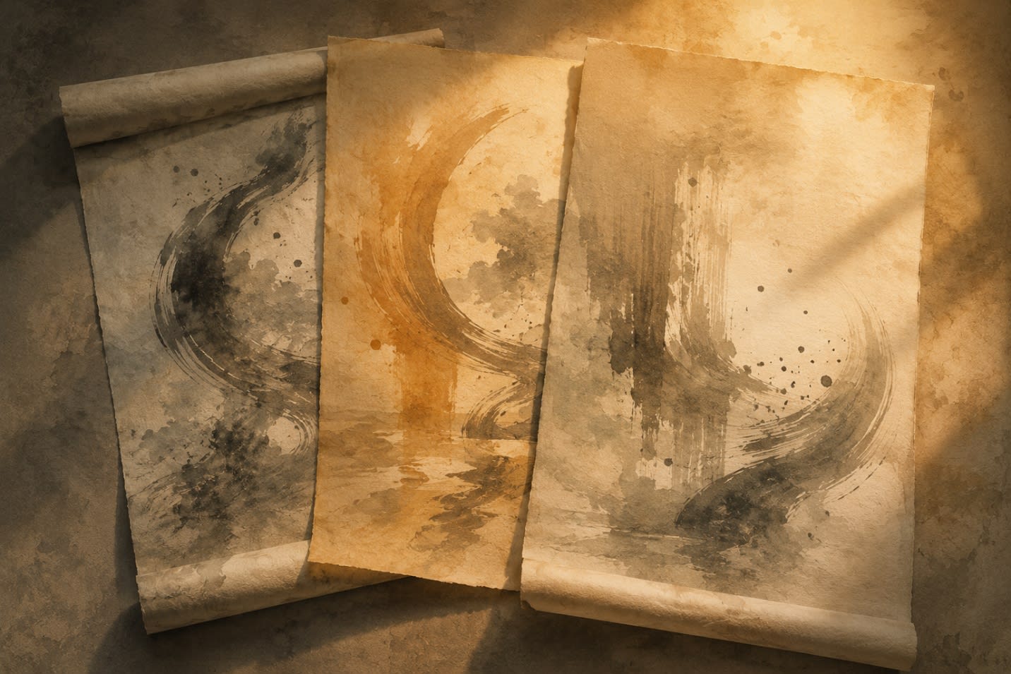 Three overlapping rice-paper scrolls with soft abstract brushstroke textures, symbolizing the shared Chinese, Korean, and Japanese literary origins of these web novel tropes without depicting people or national symbols.