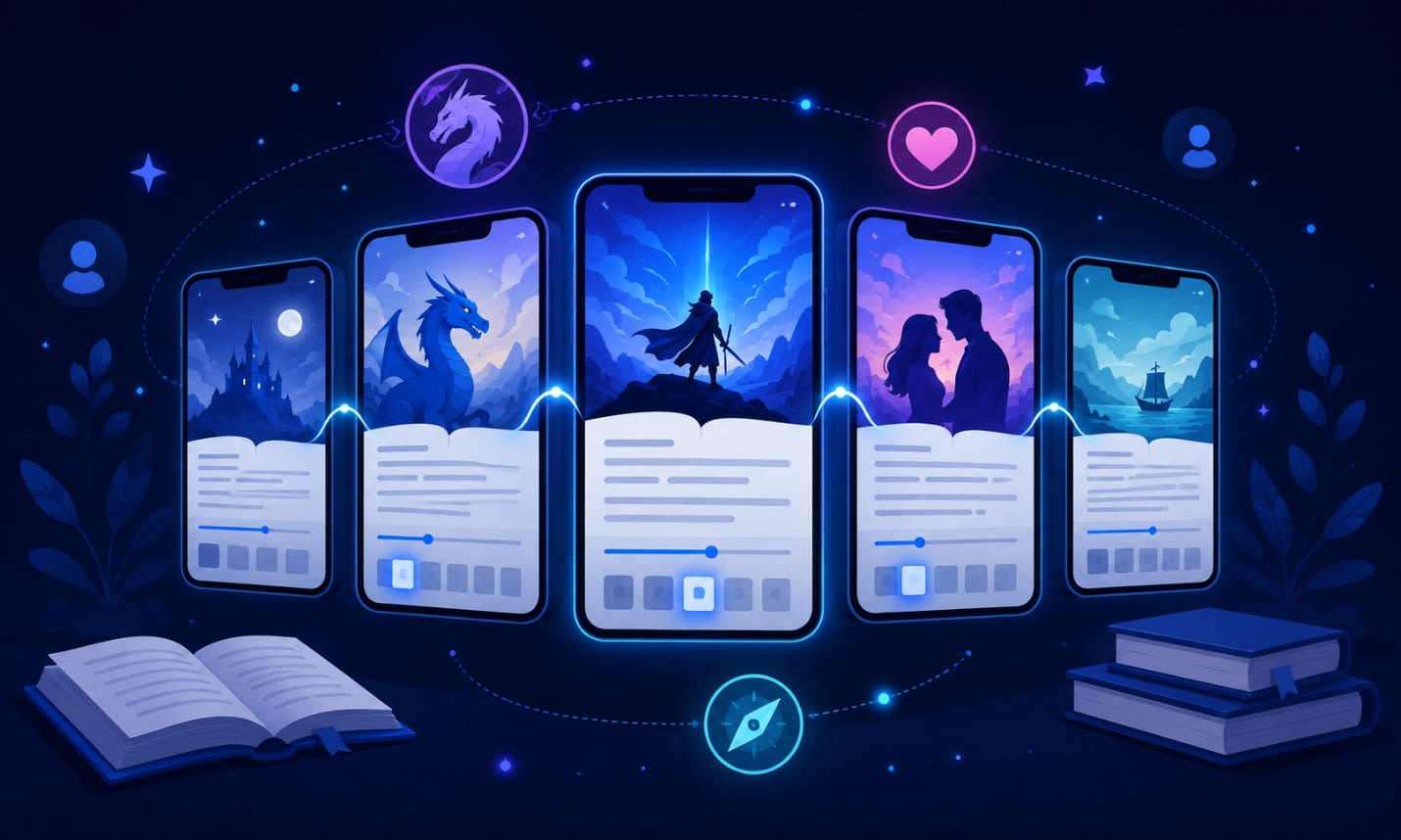 Illustration of free web novel reading apps showing multiple story chapters and genre icons floating around connected phone screens