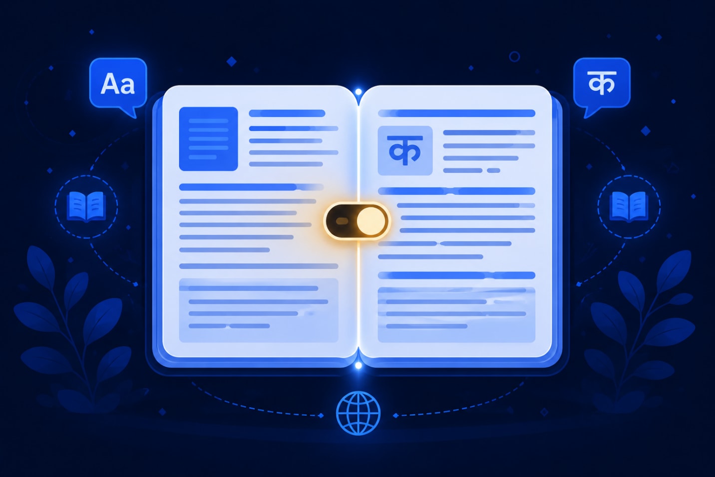 Illustration of a bilingual reading app interface switching between English and Hindi novel content