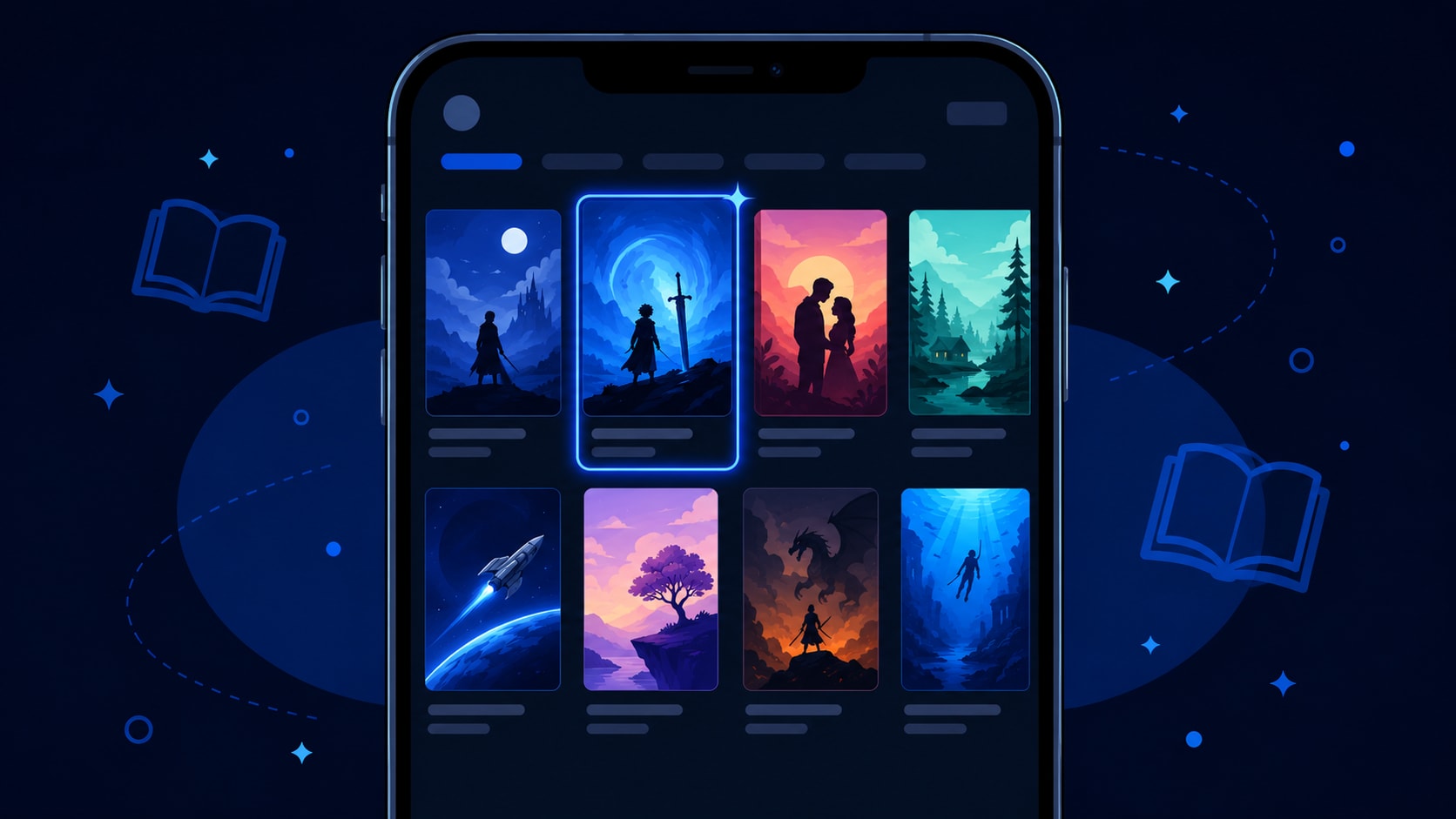 Illustration of a mobile app screen showing a grid of small portrait book cover thumbnails for web novels