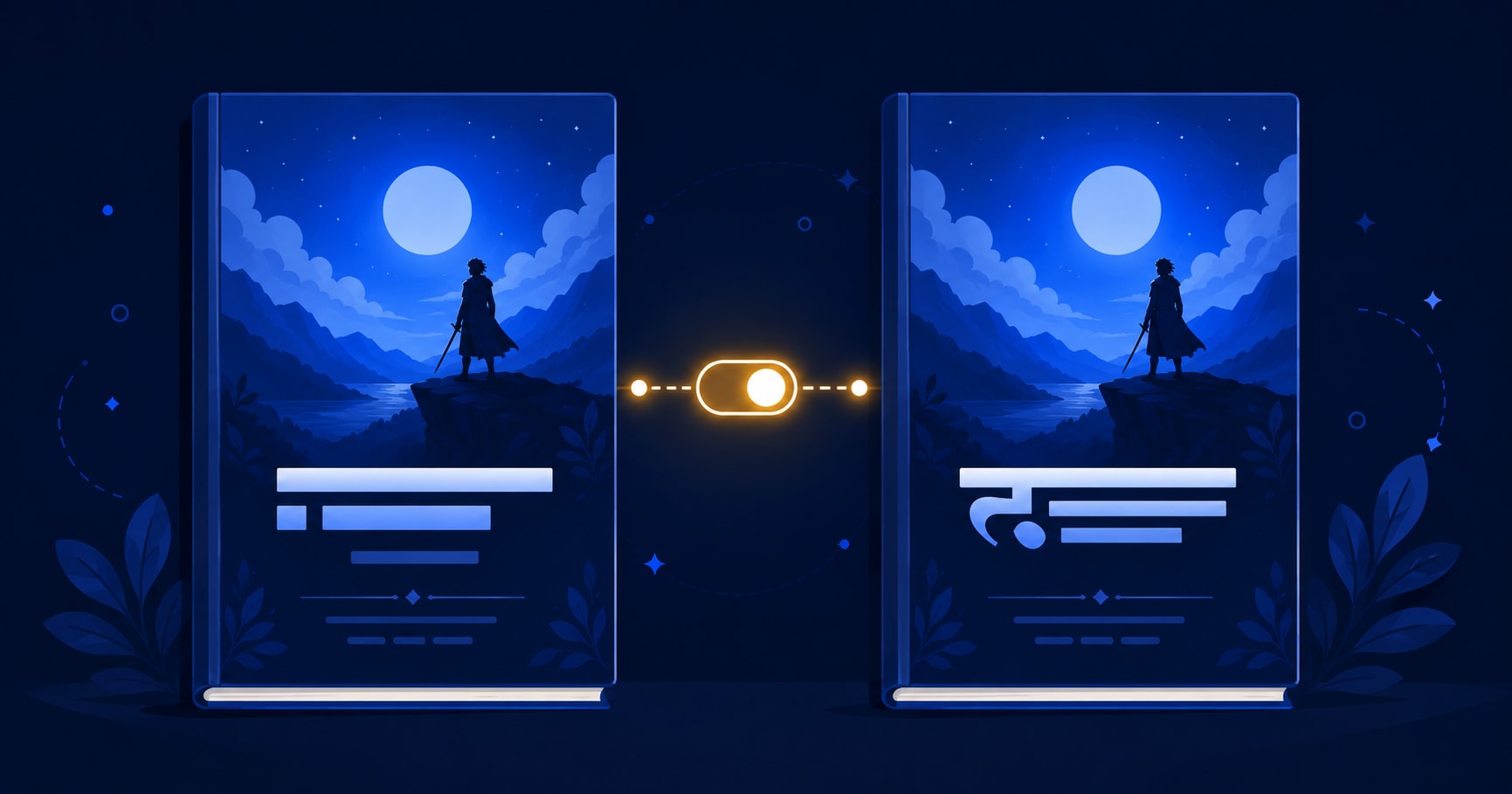 Illustration of two matching book cover designs side by side, one with English title styling and one with Hindi title styling