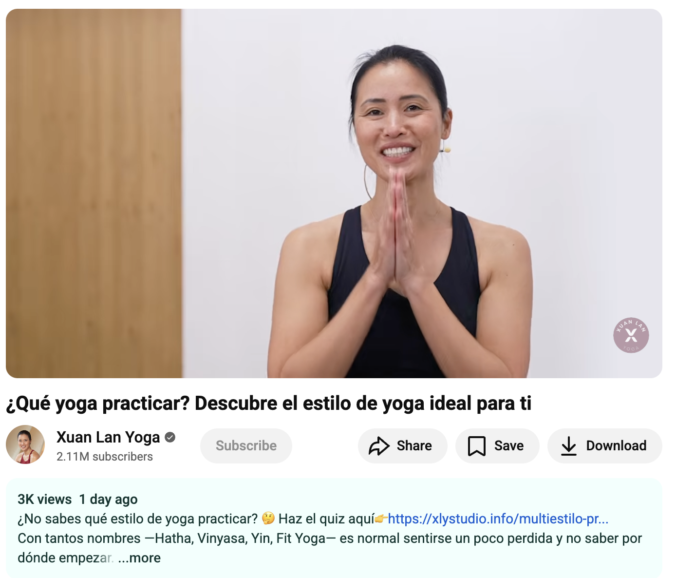 Canal de YouTube de Xuan Lan Yoga con CTA al quiz