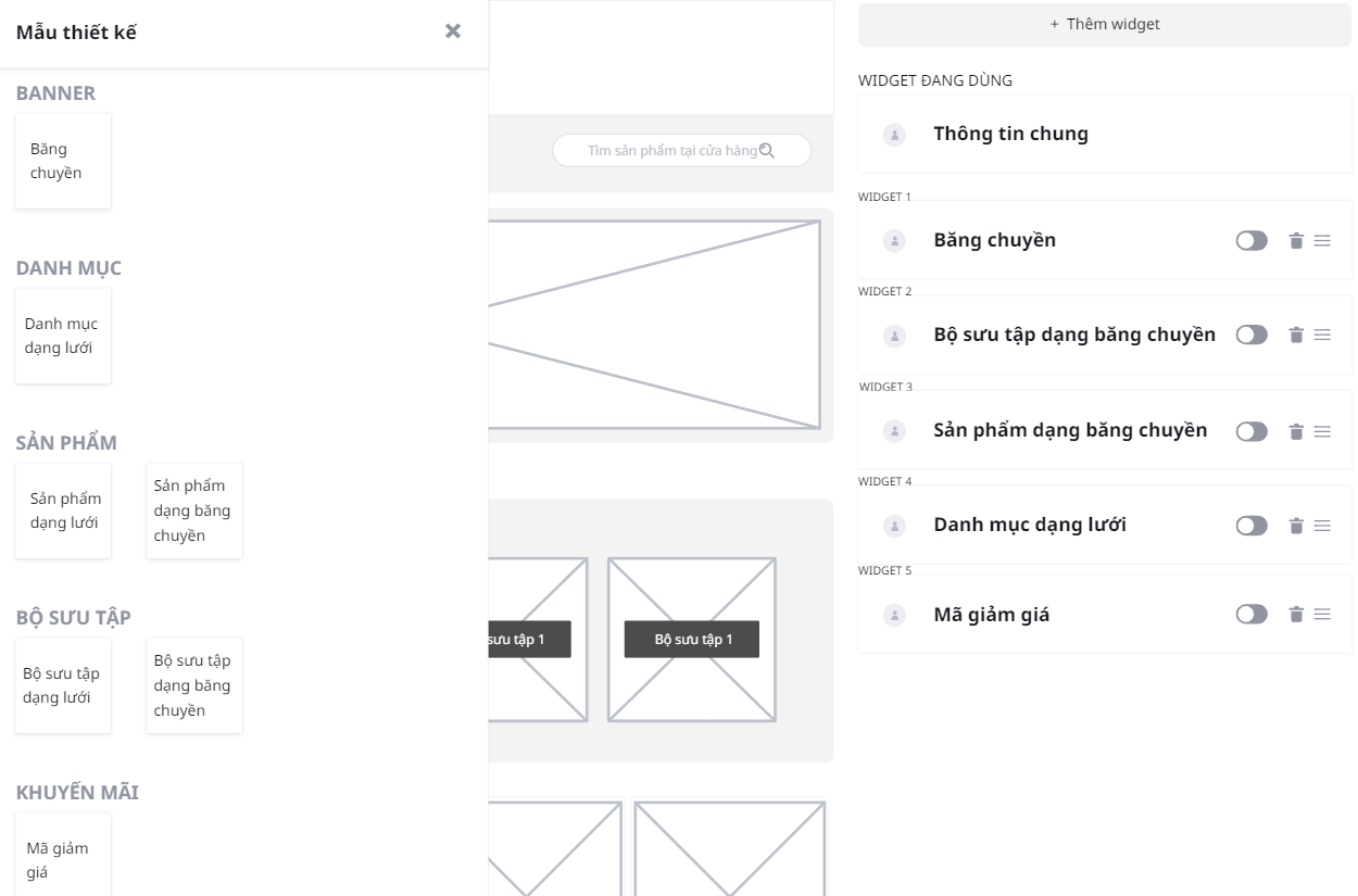 Widget type selection drawer design