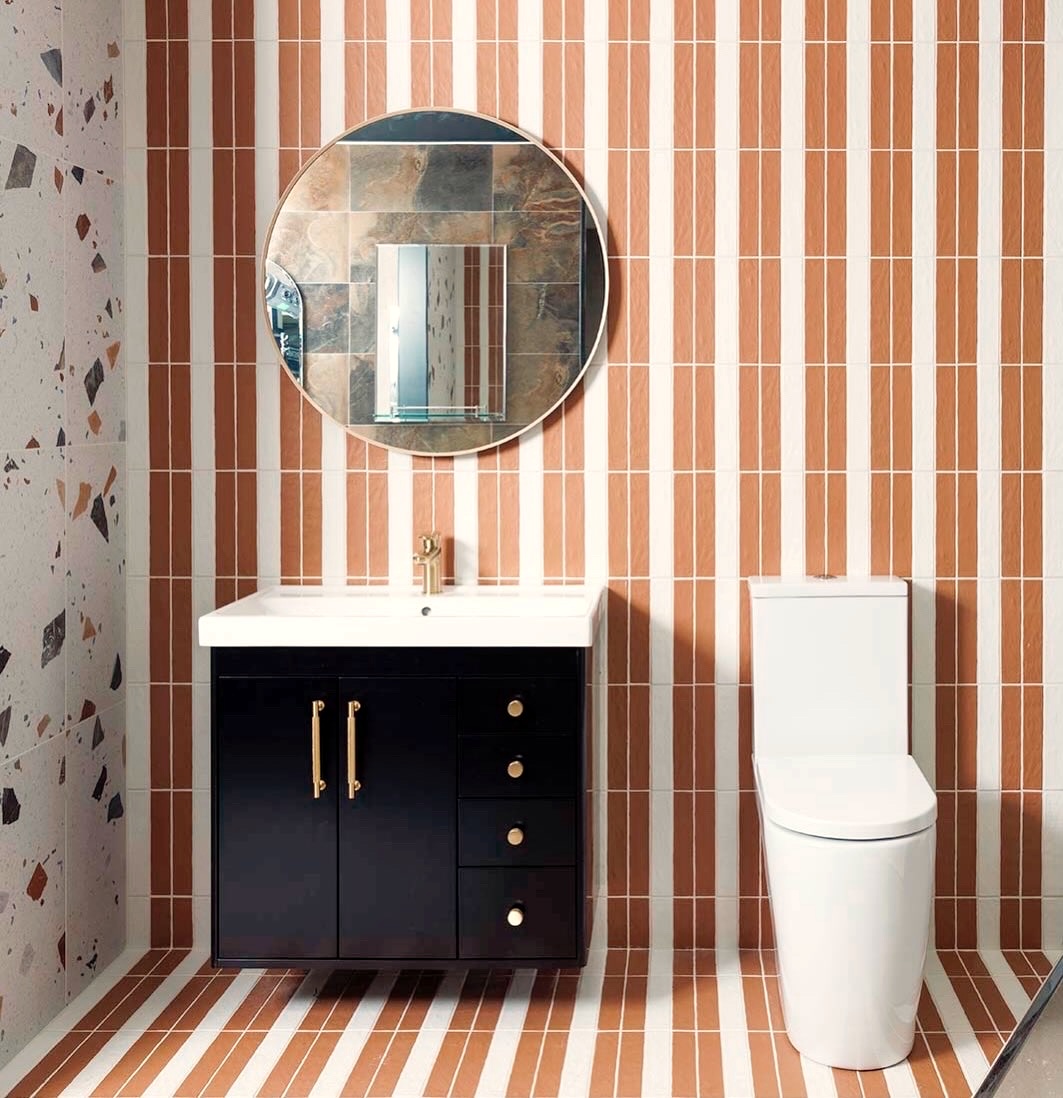 Terracotta striped tile bathroom display, Foxwood Ceramics showroom