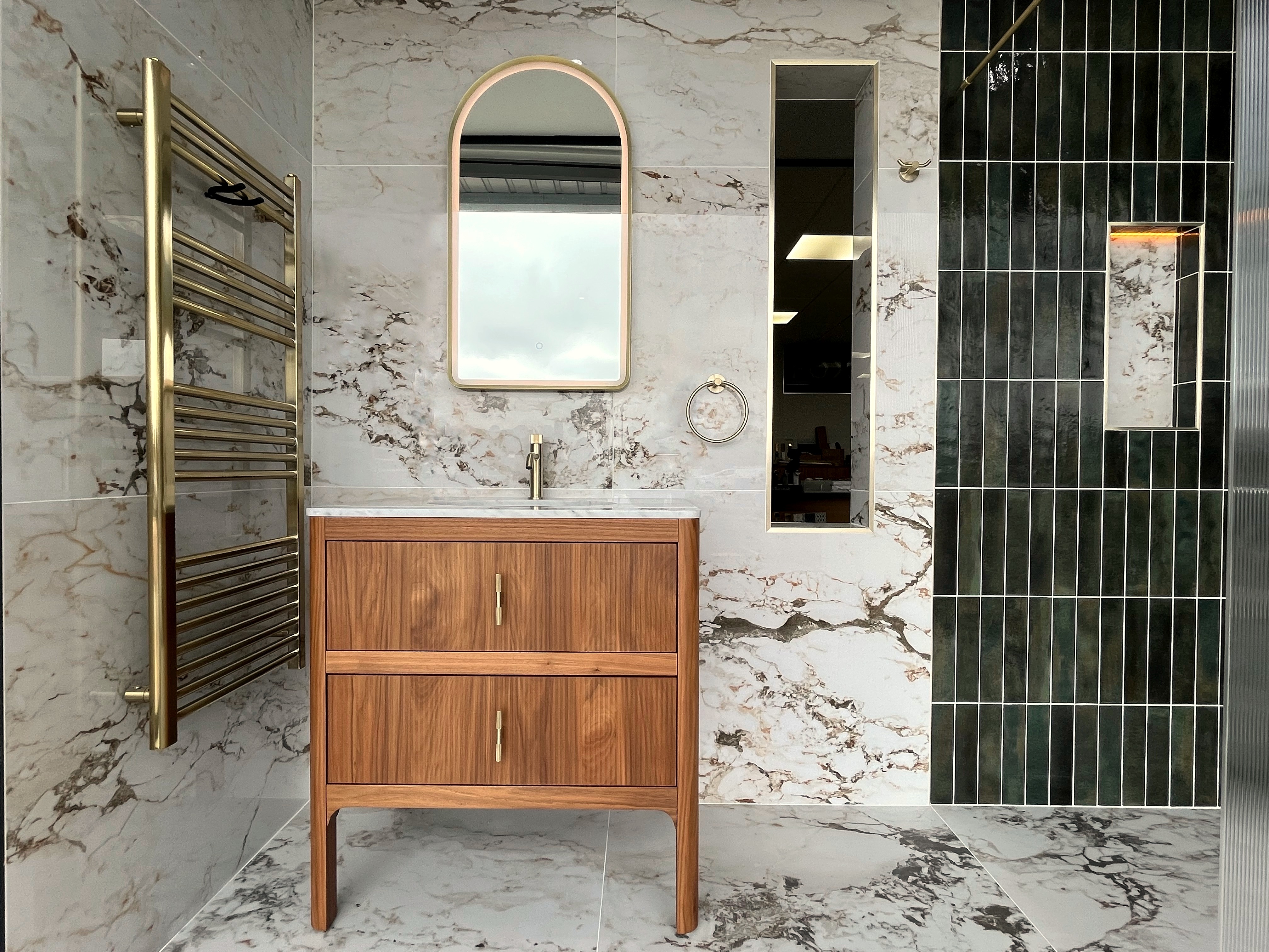 Walnut vanity display, Foxwood Ceramics showroom