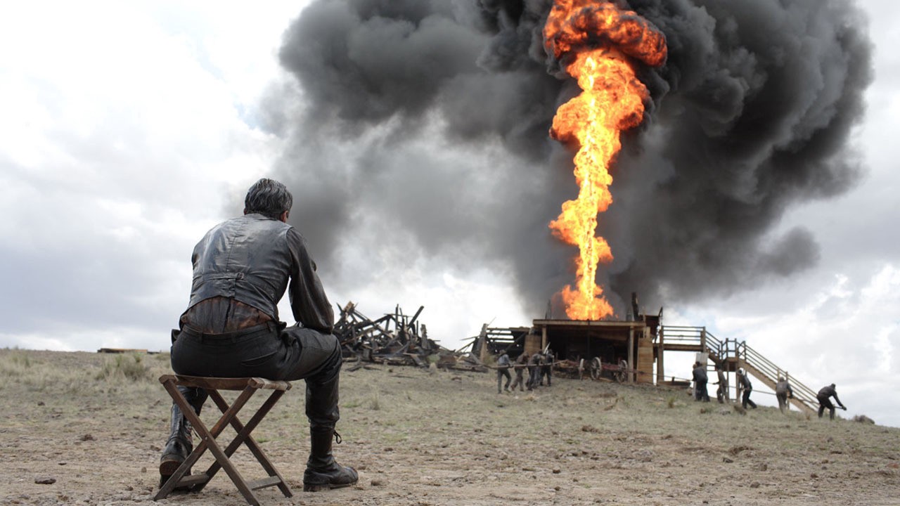 Still from film 'There Will Be Blood'. Oil rig on fire