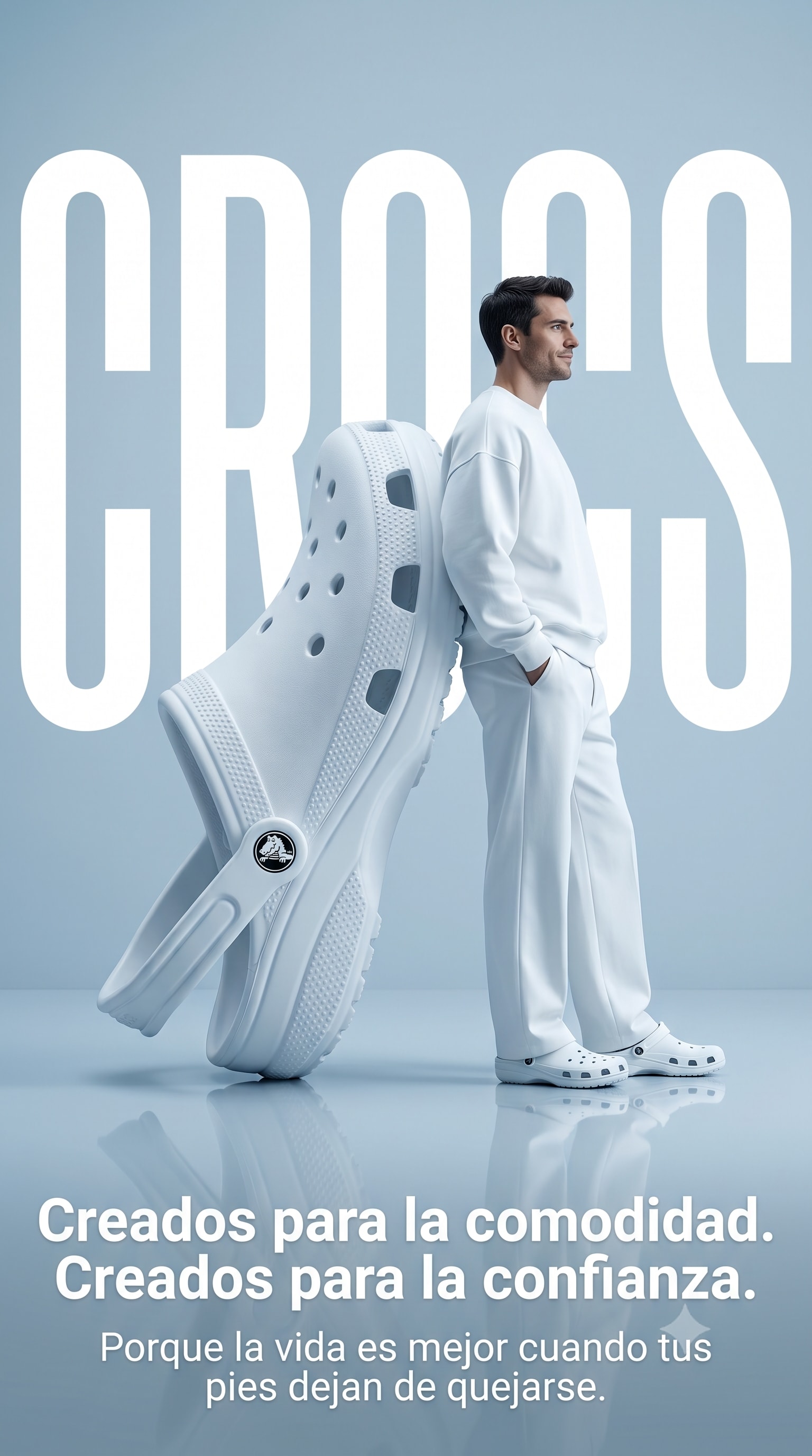 Imagen publicitaria vertical de alta calidad de zueco Crocs blanco