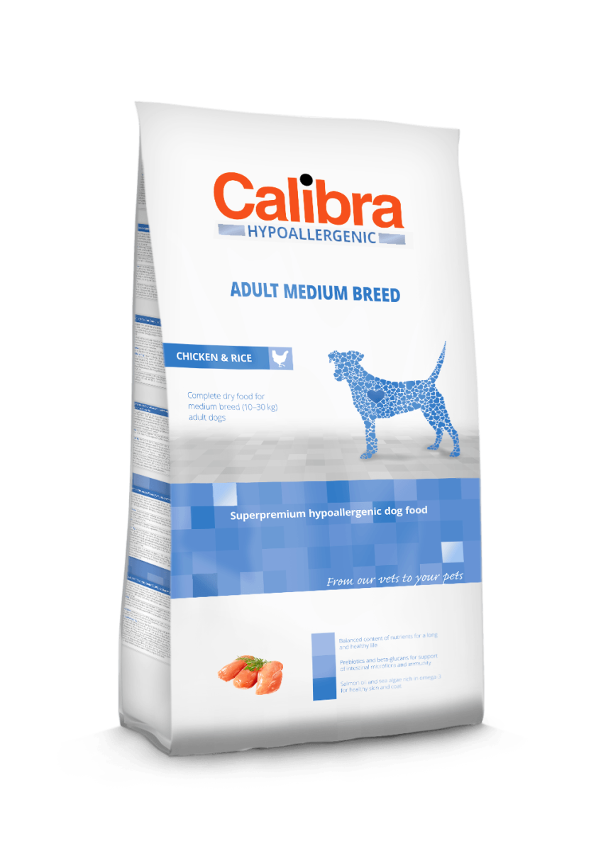hrana uscata hipoalergenica caini calibra adult medium breed pui si orez