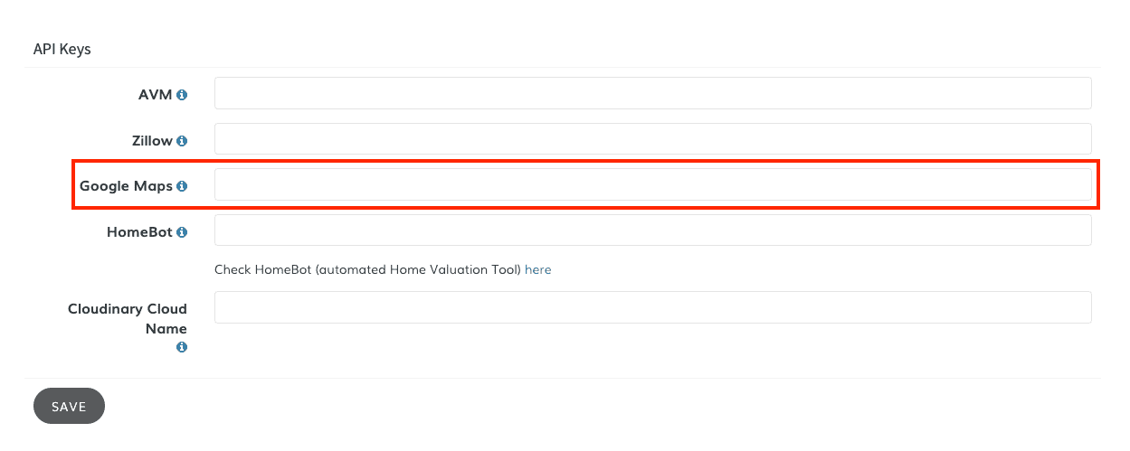 API Keys page, Google Maps field is highlighted