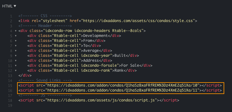 Condos widget code with 2 saved links